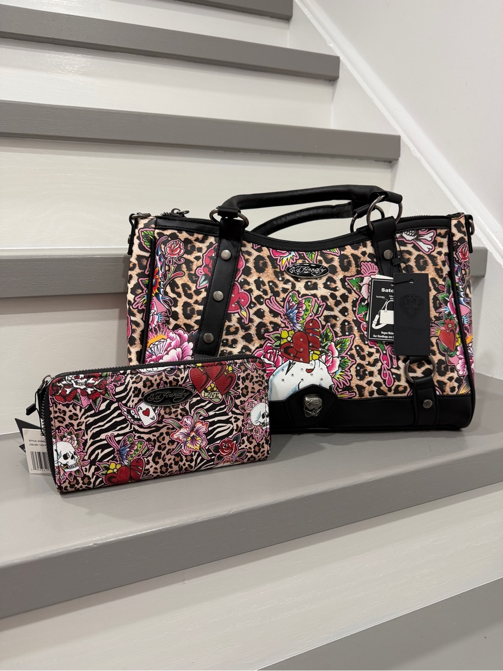 Ed Hardy Pink Floral & Leopard Satchel with Matching Wallet